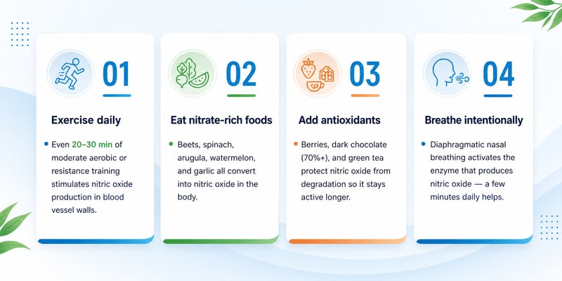 Infographic showing four ways to boost nitric oxide naturally: exercise daily, eat nitrate-rich foods, add antioxidants, and practice intentional breathing.