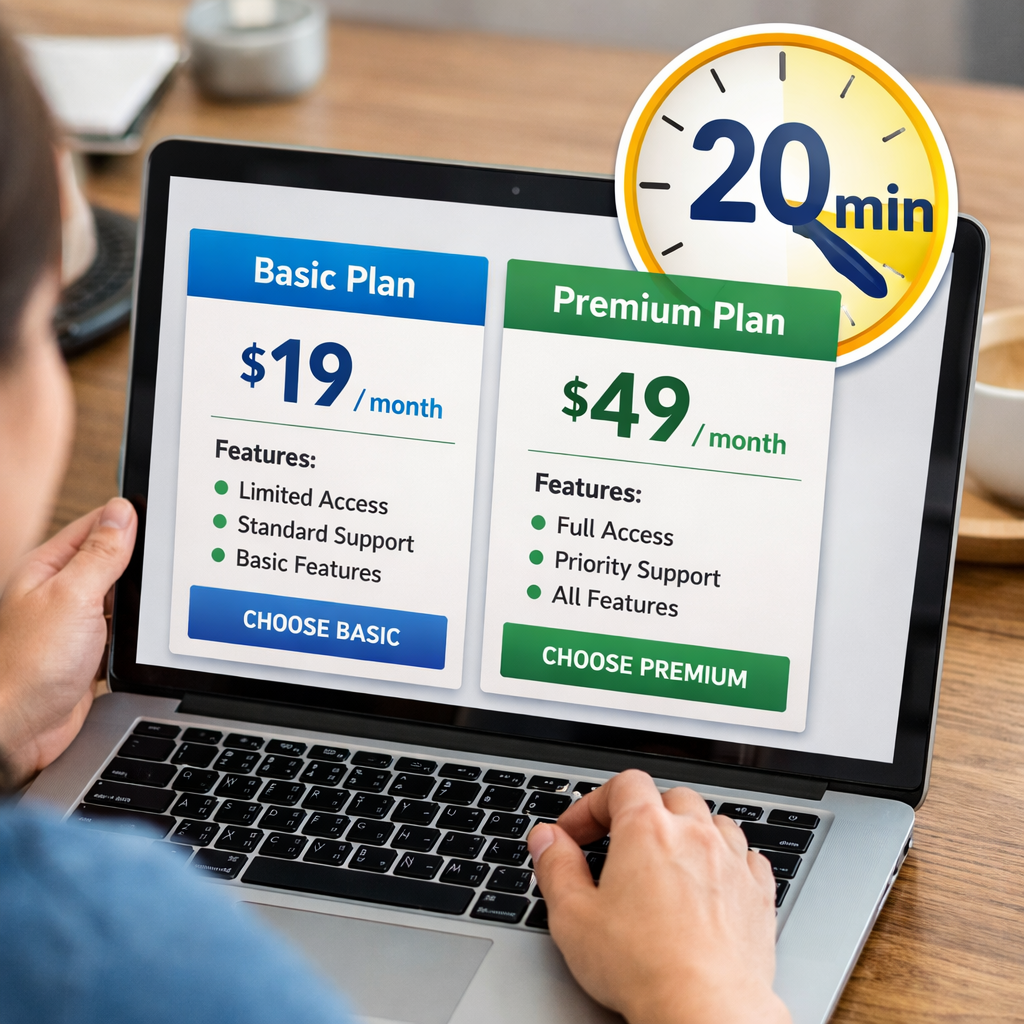 Someone comparing two plans on a laptop or phone with a clock or 20 min visual-1