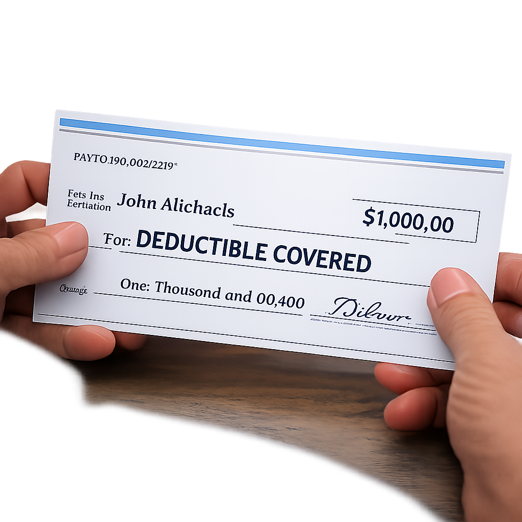 Someone receiving a check or seeing a balance that covers a deductible or a simple deductible graphic